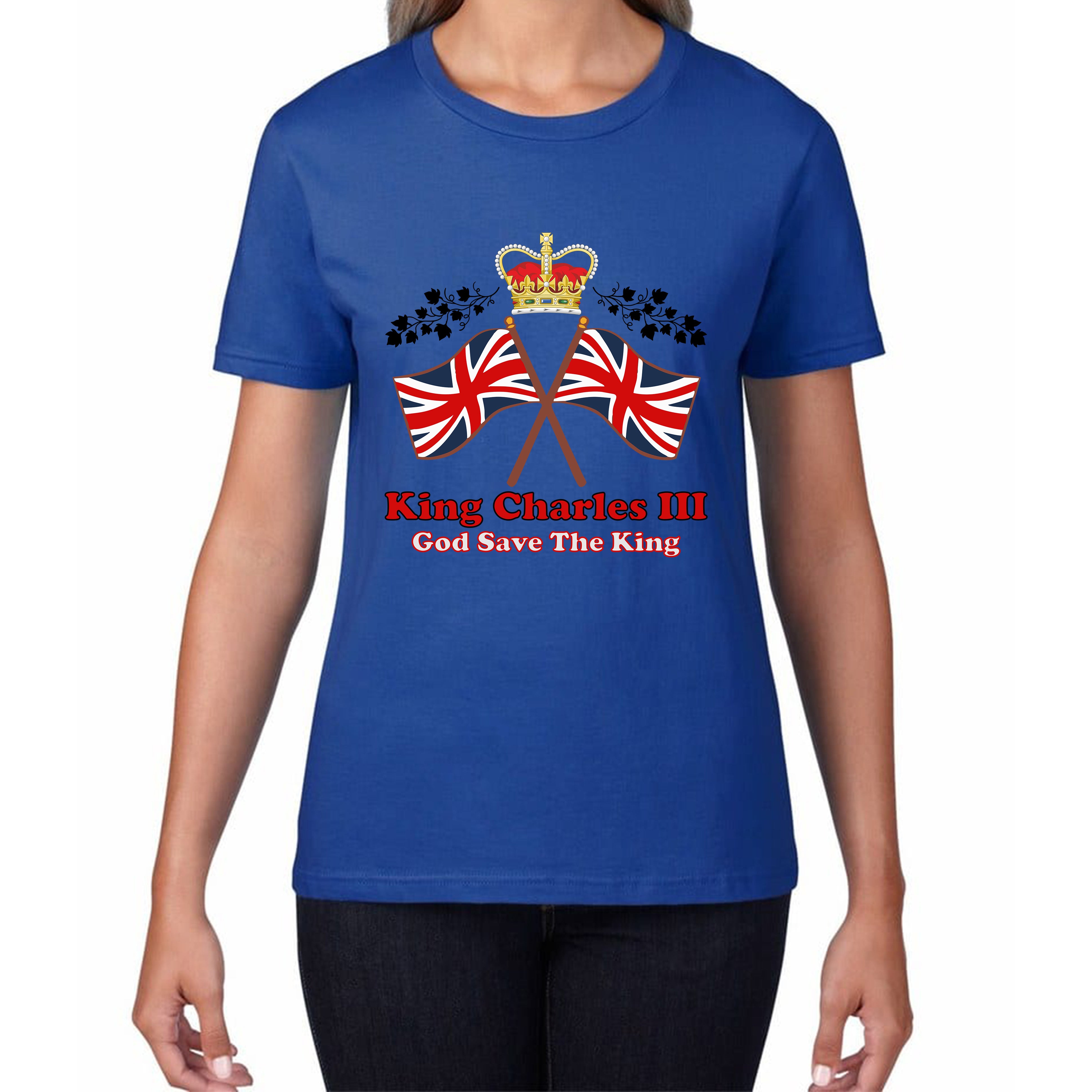 King Charles III Coronation God Save The King United Kingdom Flag Royal Crown CR III His Majesty Womens Tee Top 3XL