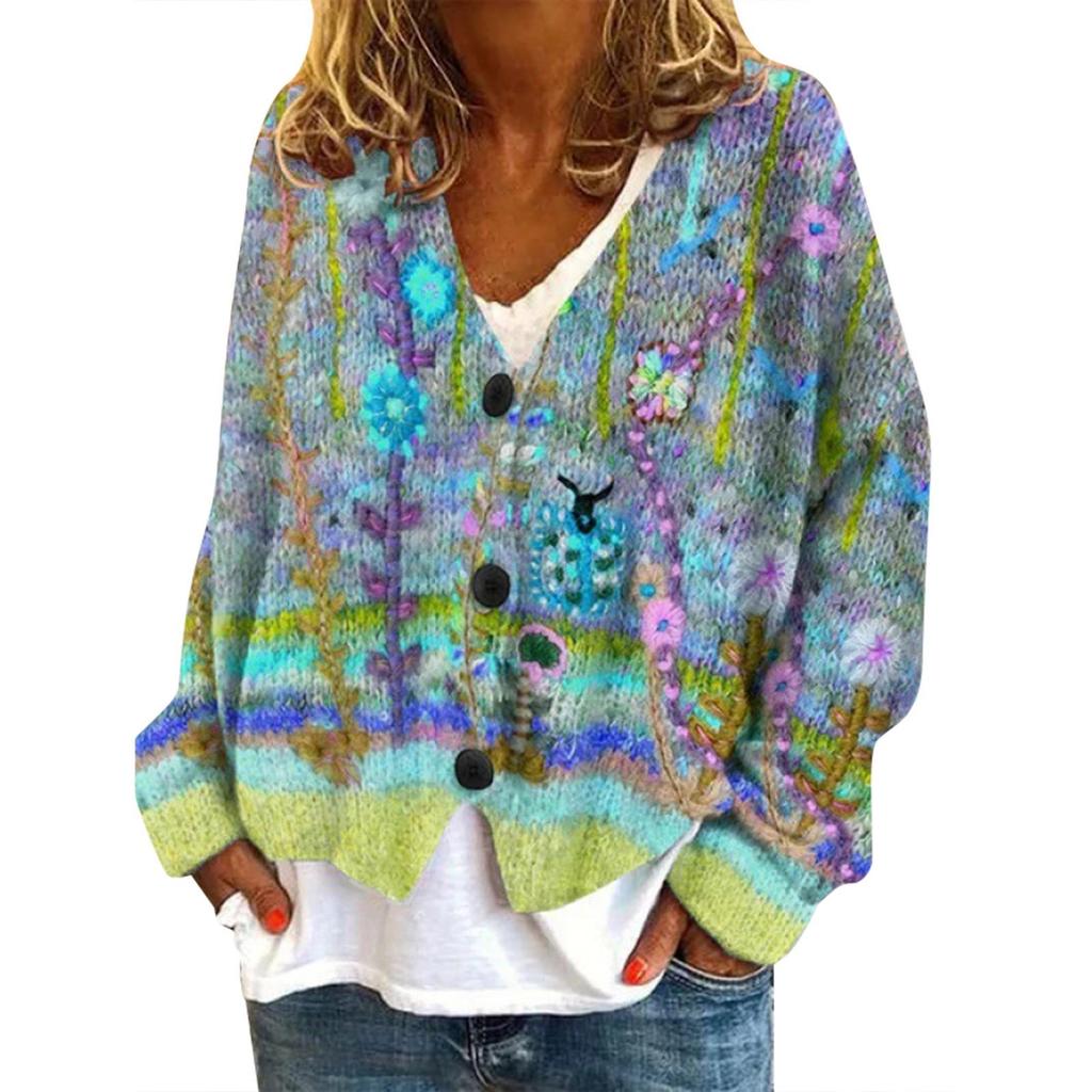 YNN-VK01 V-Neck Printed Cardigan Sweater with 3 Buttons - New Arrival