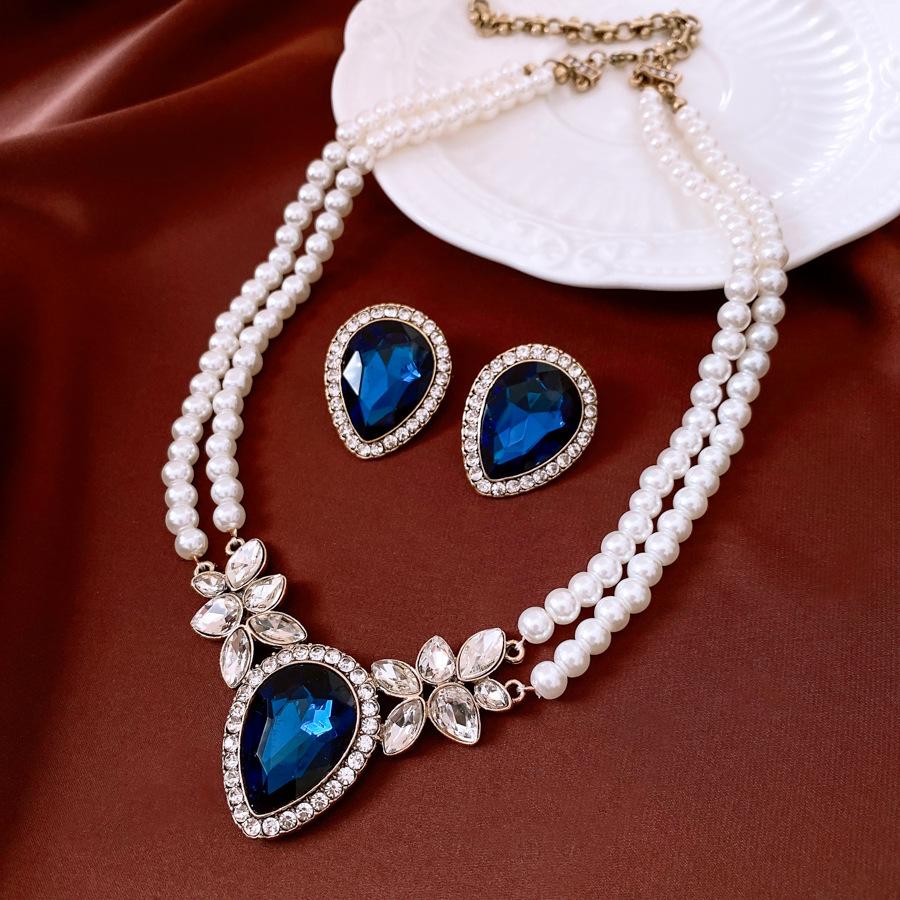 Silver Needle Diamond Pearl Water Drop Earrings Necklace Premium Clavicle Chain Light Luxury Jewelry Set