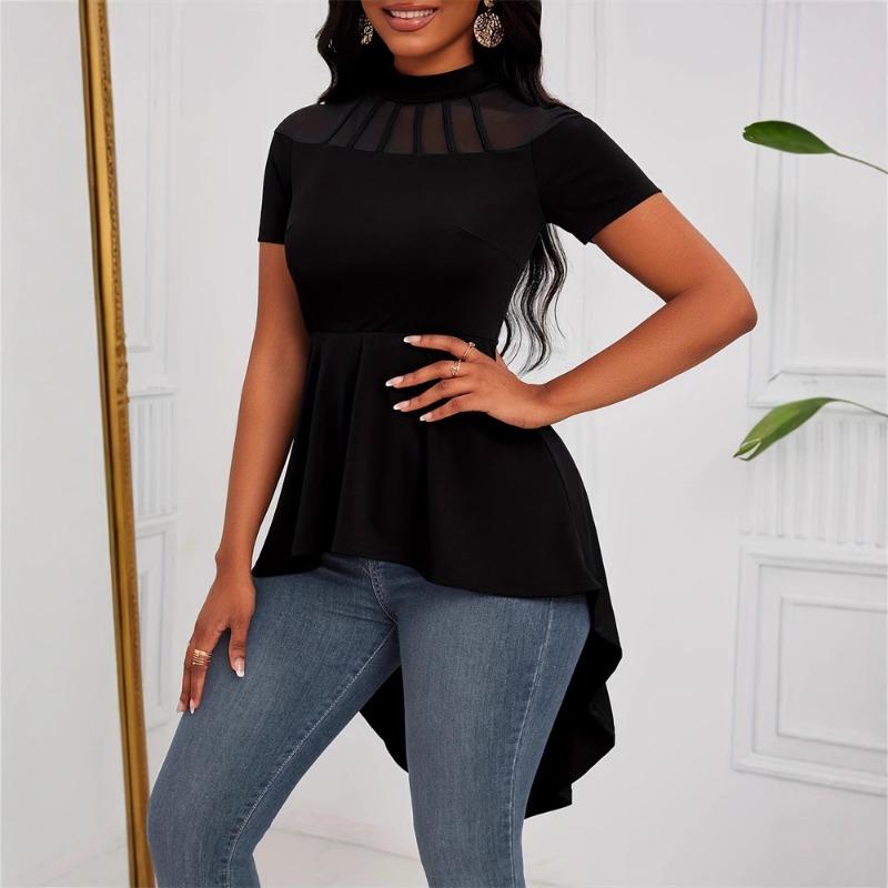 Women's Sexy Round Neck Shoulder Perspective Spice Girl Irregular Hem Short Sleeve Top