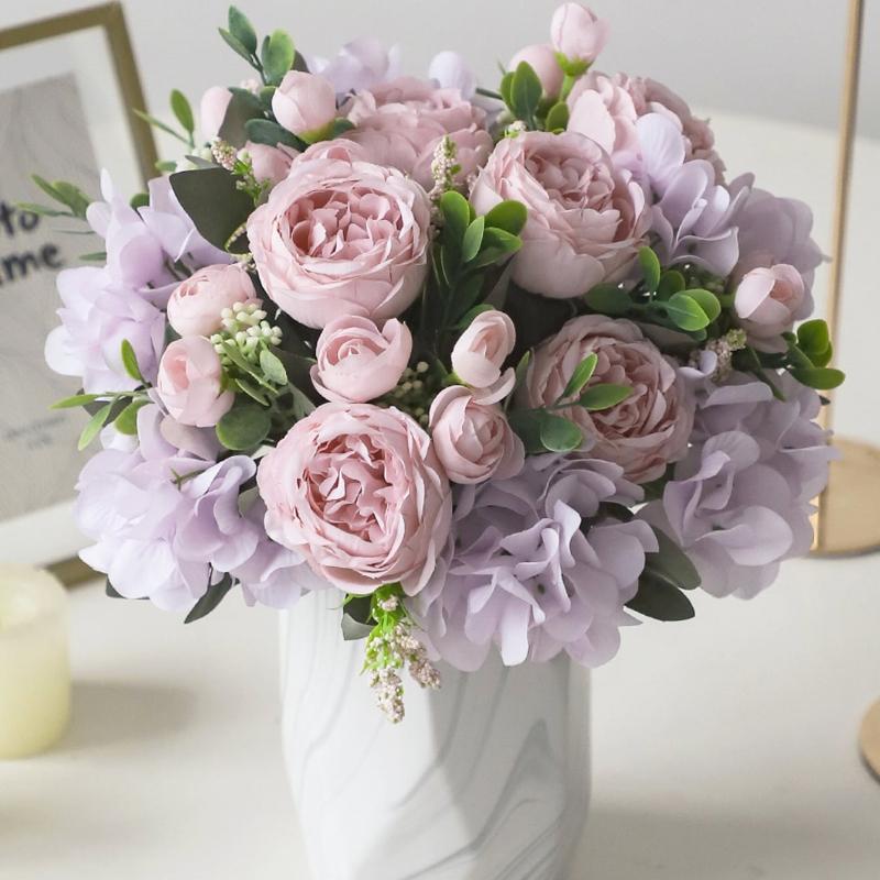 1pc Blue Artificial Flower Hydrangea Fake Peony Silk Flowers Rose Bouquet for Home Wedding Bride Bouquet Decor, Valentine Day