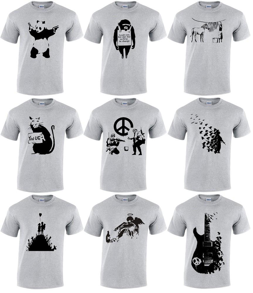 

BANKSY Girl Balloon Peace Flower Panda Monkey Soldier Guitar Zebra Gray T-Shirt L