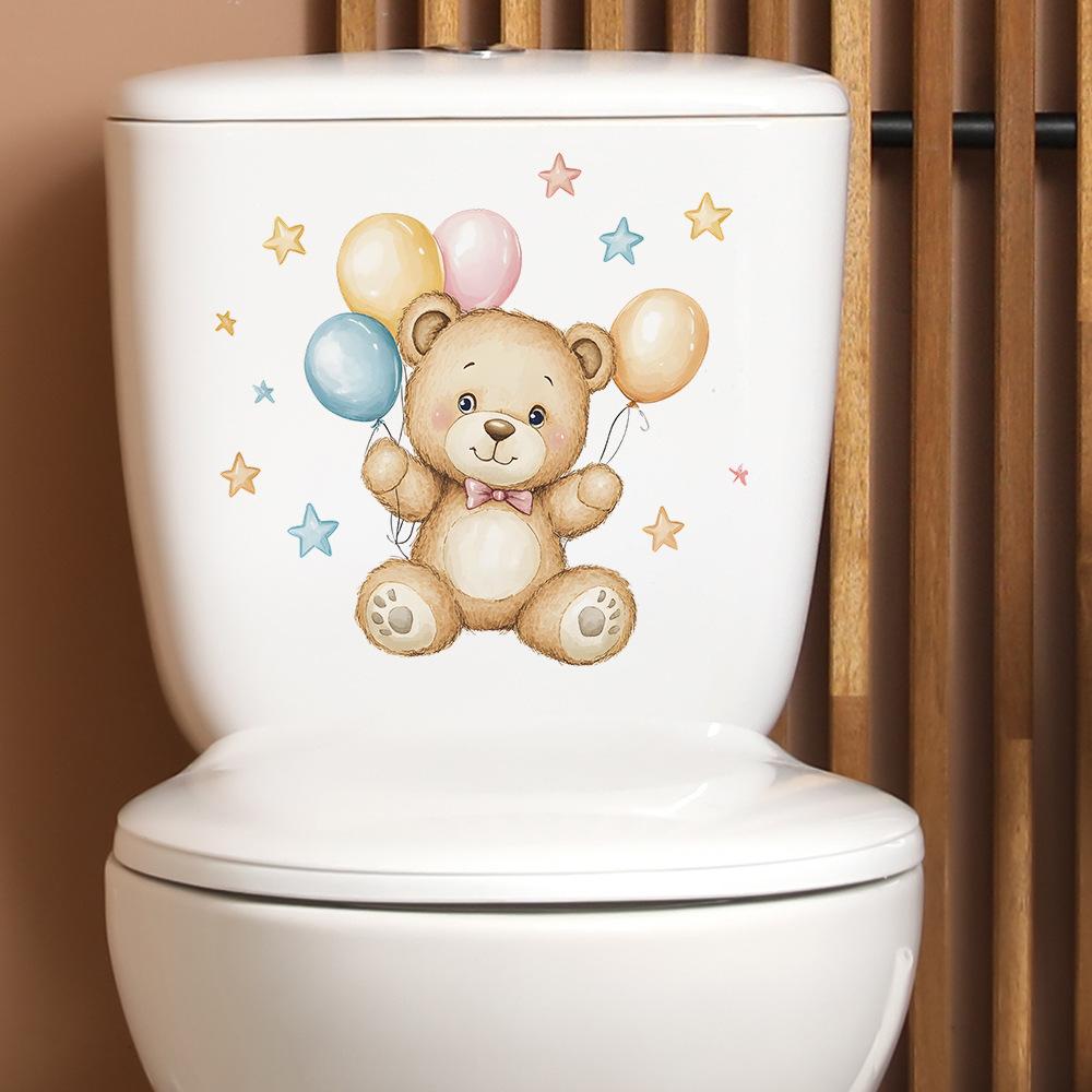 Playful Bear with Balloons Toilet Sticker Waterproof Self-Adhesive Removable Decal for Bathroom WC Home Decor