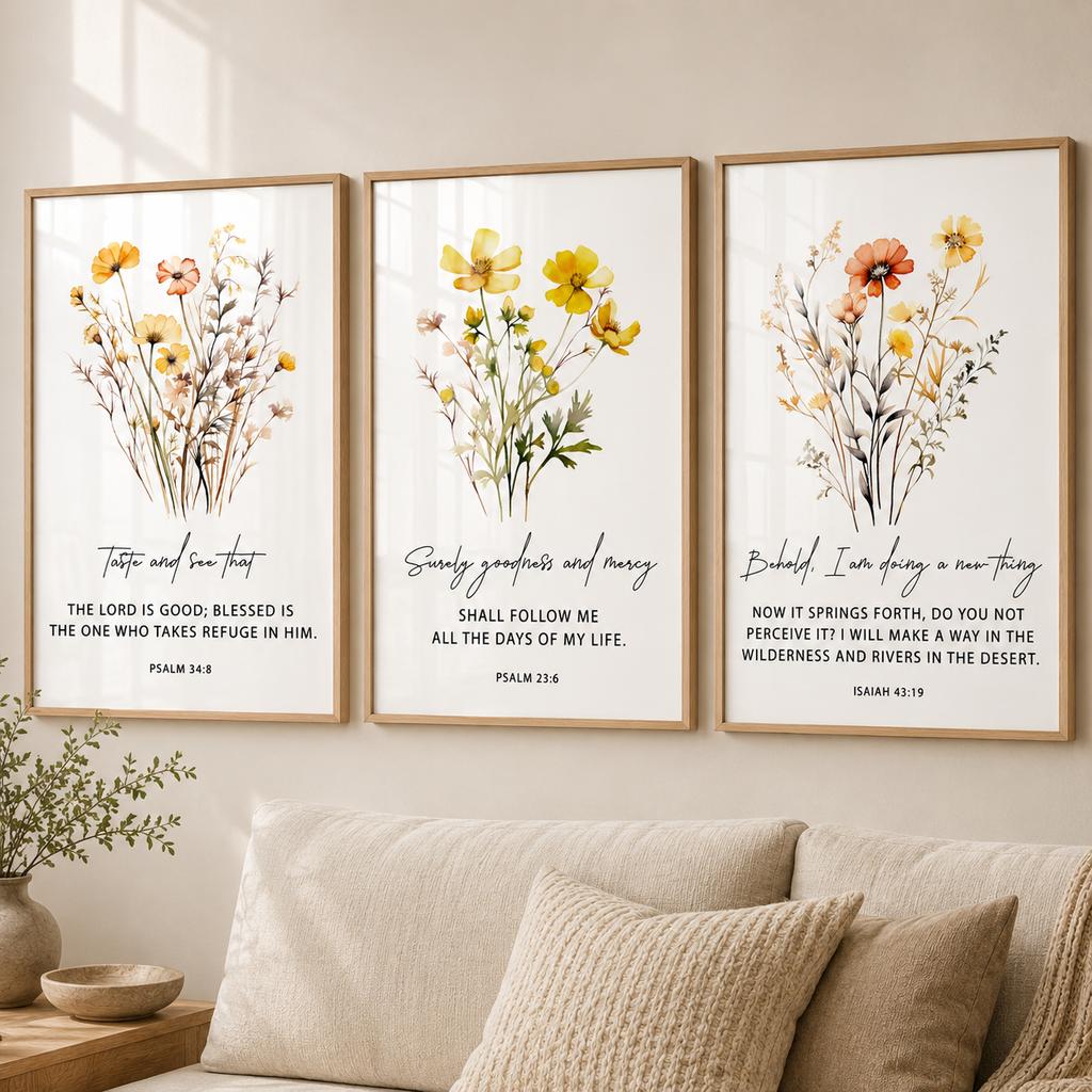 Christian Bible Verse Wall Art, Motivational Quote Flower Canvas Painting | Minimalist Poster for Living Room Bedroom Decor