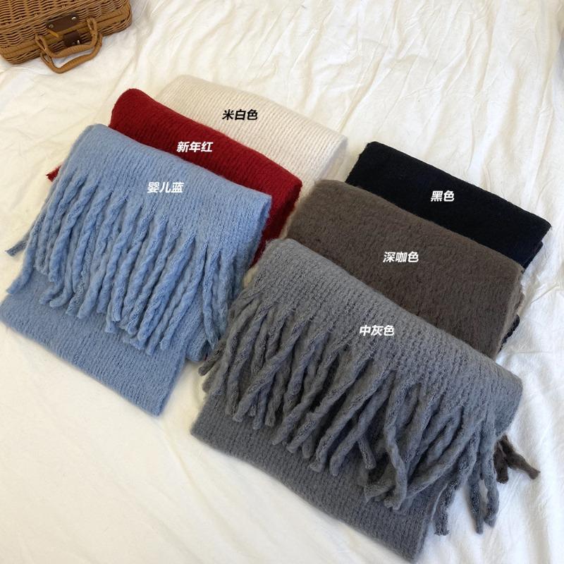 New Christmas red scarf female winter couple thickened imitation cashmere solid color knitted fringed scarf male trend
