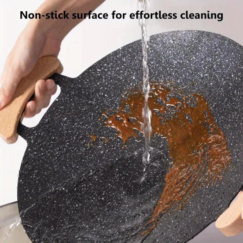 1pcs Versatile non-stick Korean barbecue plate with 2 wooden handles suitable for indoor and outdoor cooking