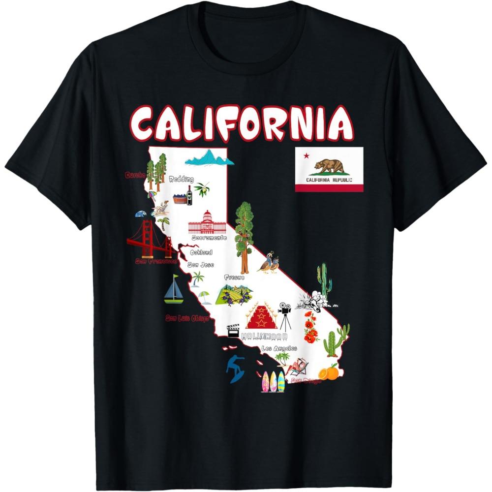 Map of California Landmarks Major Cities Flag Tshirt Funny California Souvenir Tshirt Men Women Casual Crewneck Cotton Tee