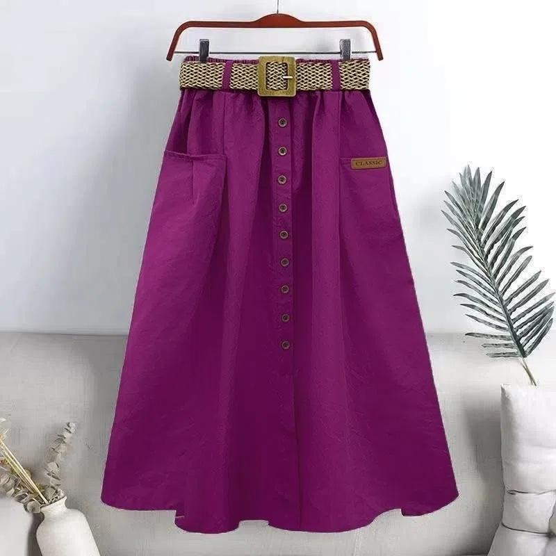 2025 Spring Summer Women Washed Cotton Elastic High-waist Skirt Pocket Belt Solid Long A-line Skirts Split Hem All-match Skirts