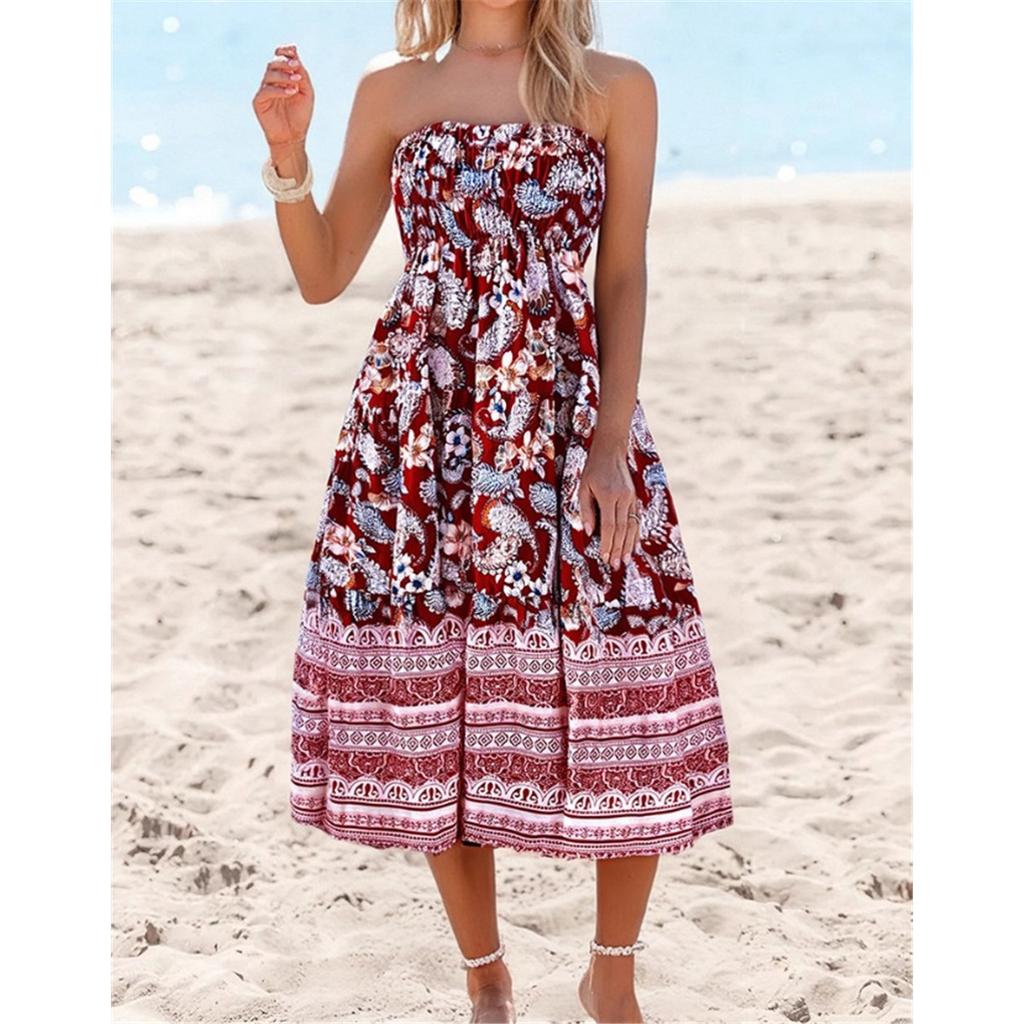 Sommer Neu Böhmischer Urlaubsstil Mehrfarbiger Druck Süßes Bustierkleid Große Schwingkleider für Frauen