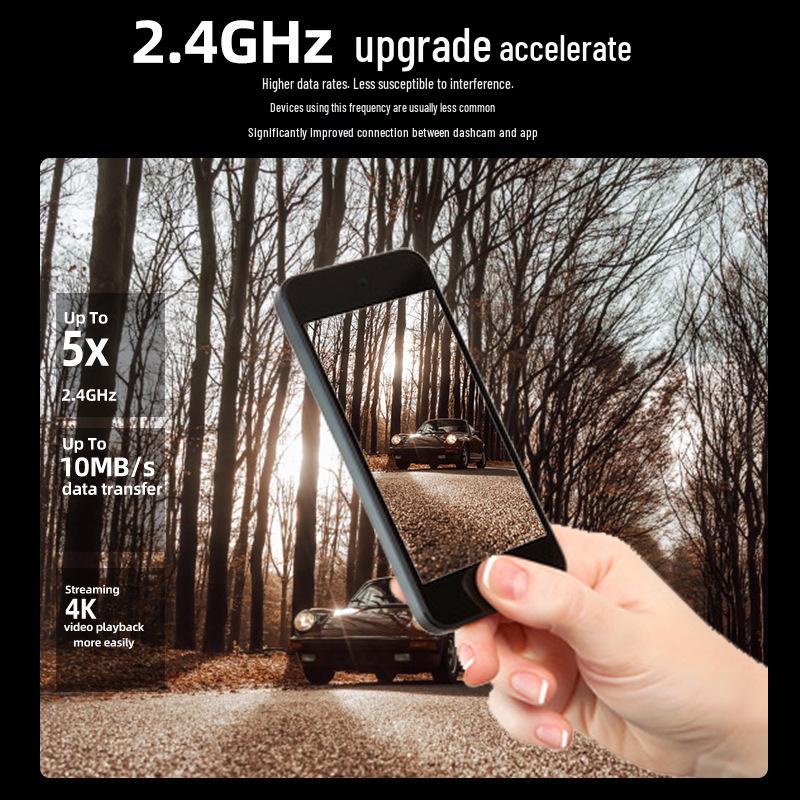 4K Dash Cam with Night Vision, Wireless Phone Connection, Front/Rear Dual Camera, and Reversing Image Monitoring.