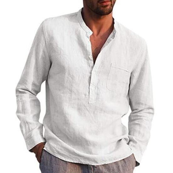 Men Shirt Solid Color Stand Collar Button Casual Spring Top for Daily Wear