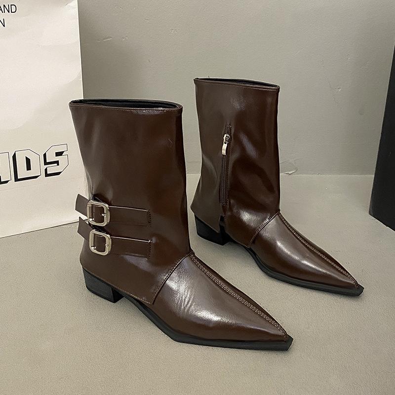 Pointed thick heel fashion small short boots spring and autumn new women's boots belt buckle sleeve knight boots medium tube pants tube boots