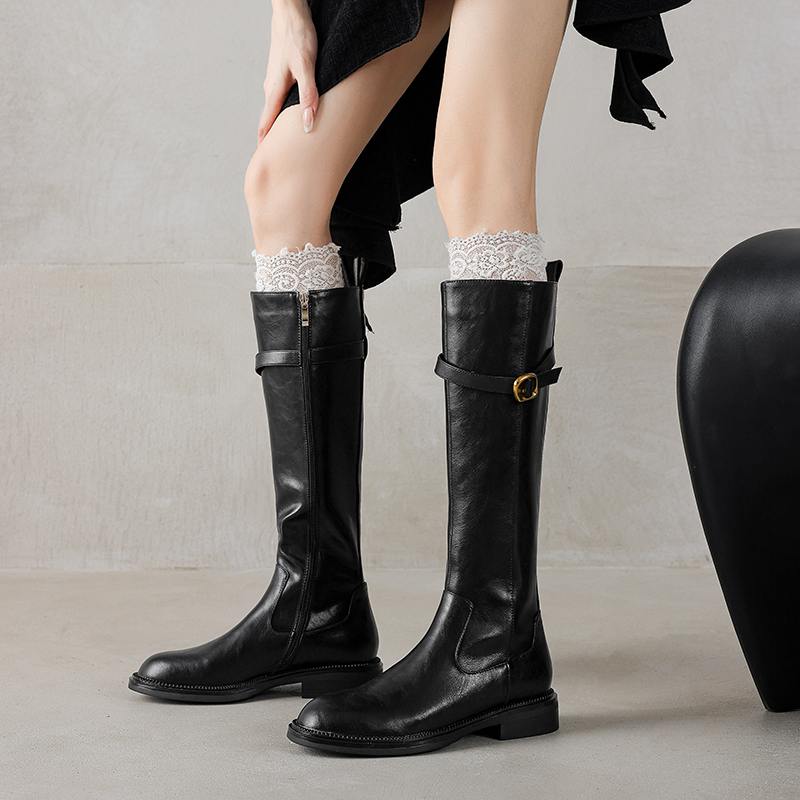 NEW Pot Cow Skin Round Toe Thick Low Heels Riding Boots British School Zipper High Street Fashion Luxury Thigh High Boots