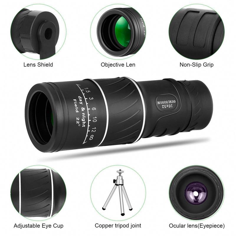 16x52 HD Monocular Telescope with High Magnification and Low-Light Night Vision for Mobile Phone Photography and Outdoor Use