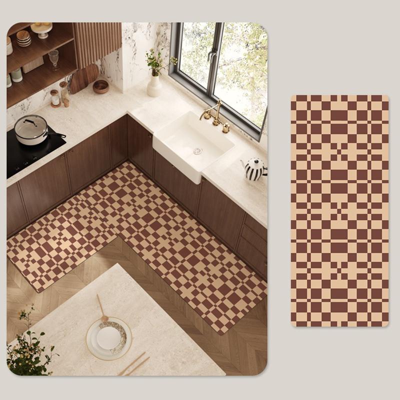 Kitchen Floor Mat Non-slip Waterproof Oil-proof Carpet PVC Leather Lattice Geometric Pattern Rug Long Ruler Home Decoration Mats