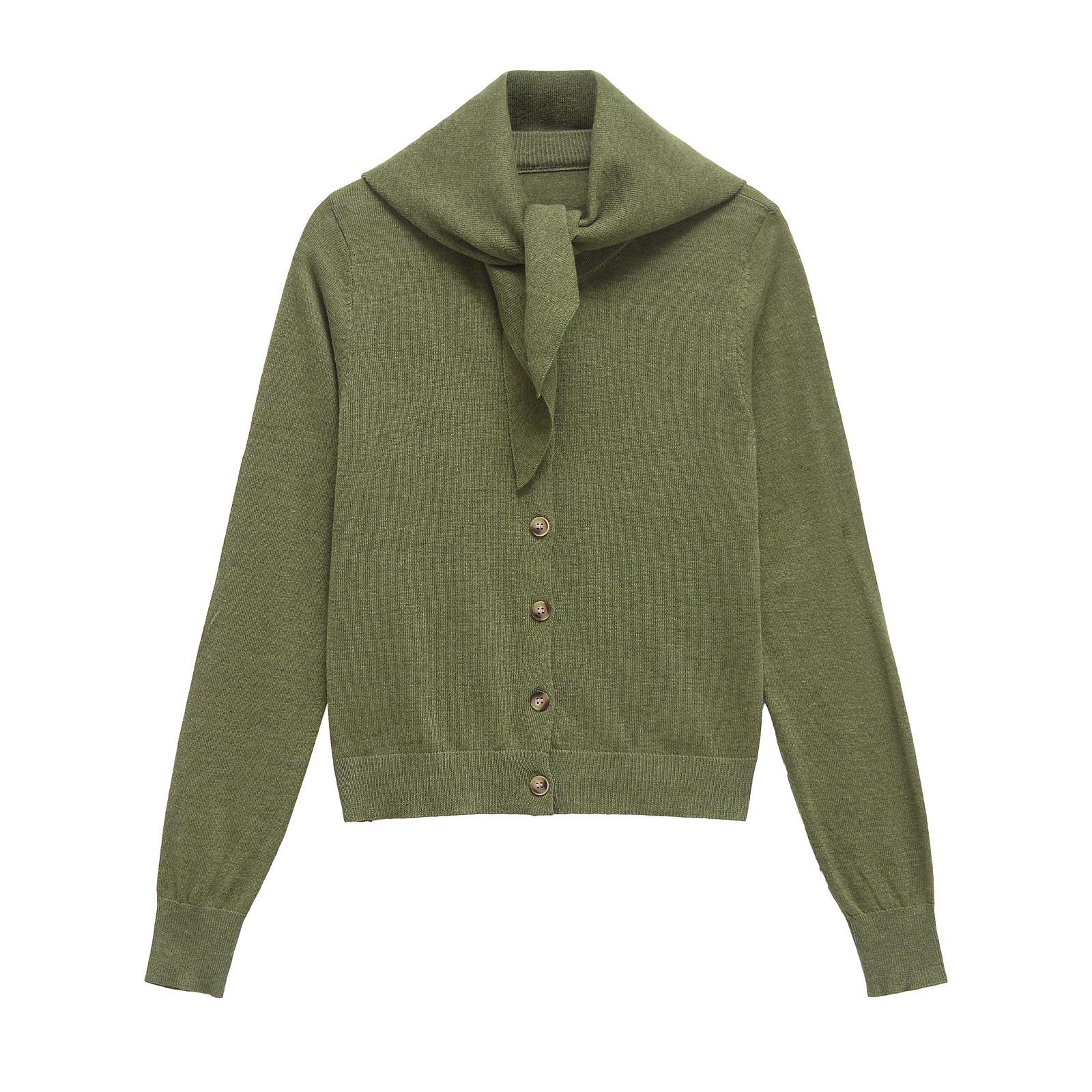 

Зимний женский вязаный кардиган европейского/американского стиля 2024 года с шарфом в качестве акцента, длинный рукав L зелёный