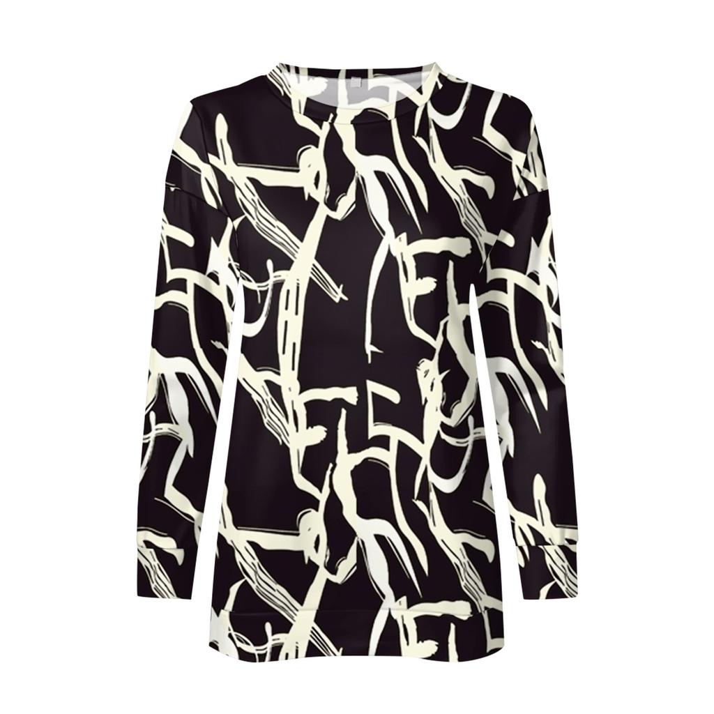 Women's Round Neck Tops Cotton Women's Casual Fashion Print  Long Sleeve O-Neck Pullover Top Blouse
