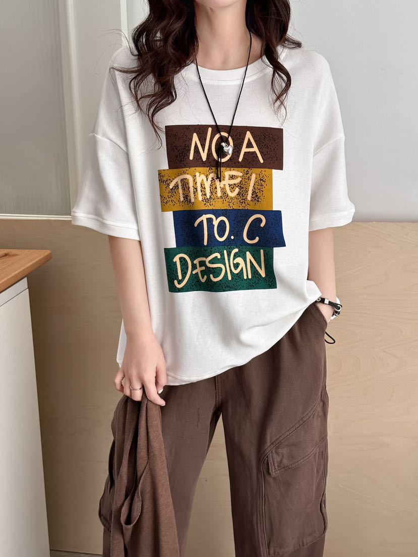 

DIMANAF 2025 Летняя футболка женская с буквенным принтом, короткий рукав, свободная, белая, черная One size белый