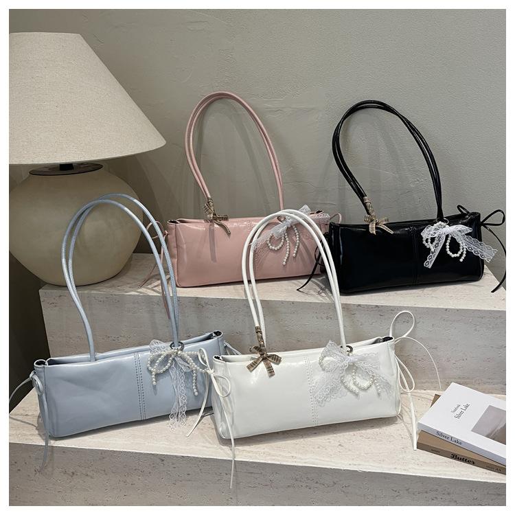 Simple Solid Color Pu Shoulder Bags for Women Sweet Bow Thread Design Ladies Underarm Bag Casual Versatile Female Pillow Handbag