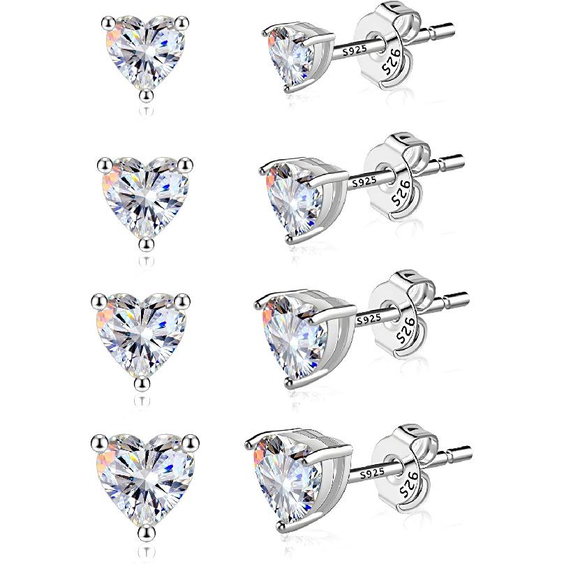 Hypoallergenic Silver Stud Earrings for Women Cubic Zirconia Halo Round Heart Square Diamond Large Silver Stud Set Earring