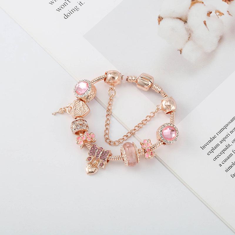 Pan's Rose Gold European Style Princess Crown Heart Pendant Bracelet for Women - DIY Customizable Series.