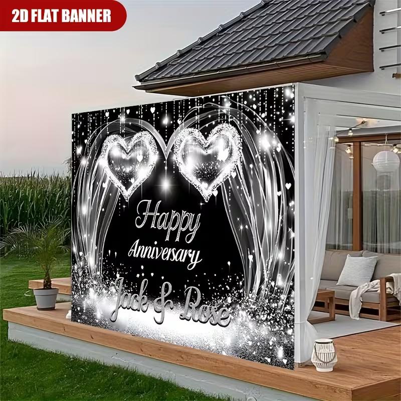 2D Black Silver Glitter Anniversary Backdrop Cloth for Couple Party Photo Booth Background