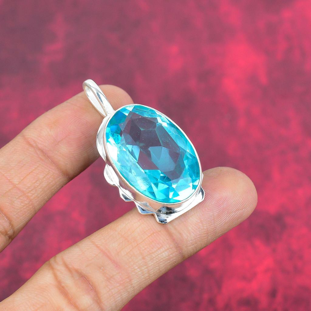 Blue Topaz 925 Solid Sterling Silver Pendant, Handmade Gemstone Pendant Jewelry, Gifts For Wife Brand New Pendant