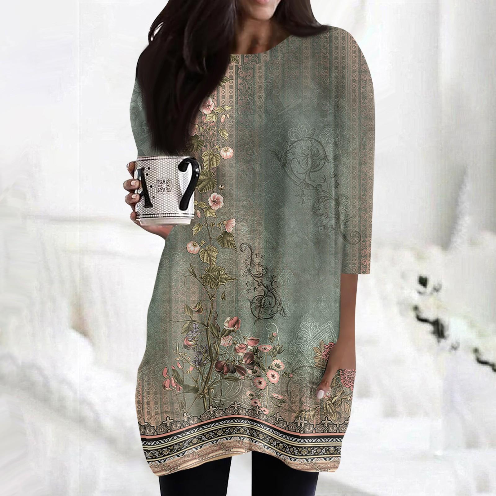 

Женские повседневные рубашки с рукавами 3/4, модные туники с принтом, топы с карманами XL зелёный