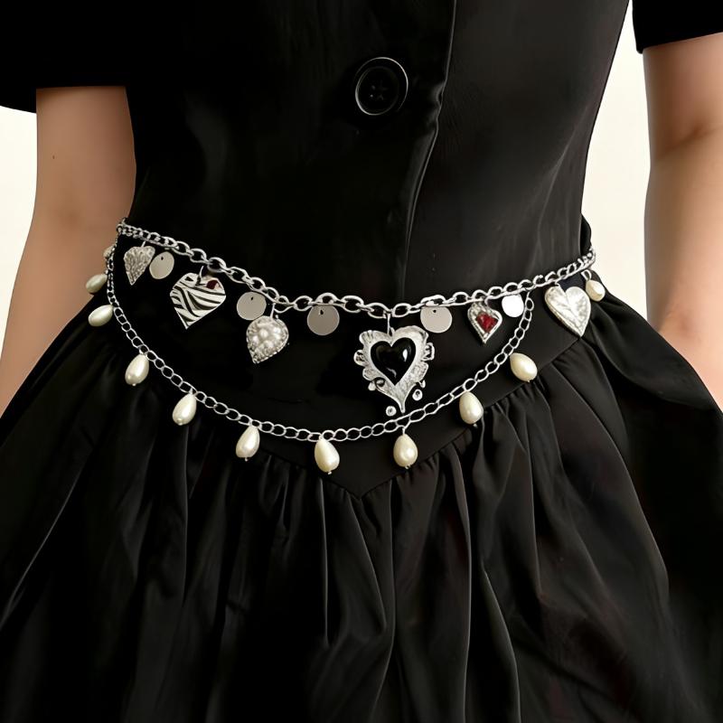 Double Layer Heart Pearl Waist Chain Vintage Silver Metal Belly Chain For Women Y2K Skirt Pants Accessory