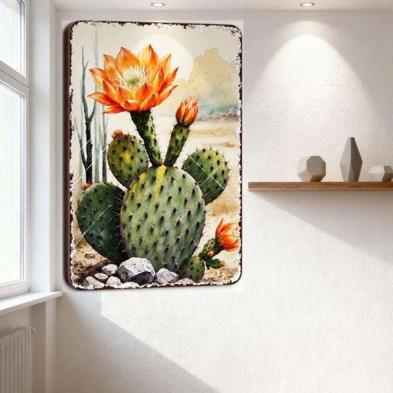 Vintage Watercolor Desert Cactus Metal Tin Sign, Prickly Pear Opuntia with Orange Flowers, Saguaro Cactus Desert Landscape Wall