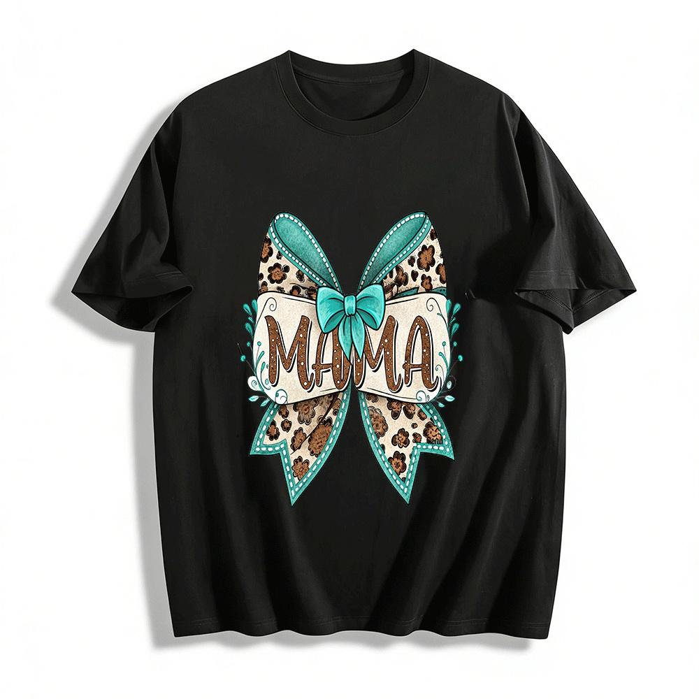 Vintage MAMA Bow Print Casual Top For Women Pure cotton T-shirt XXS