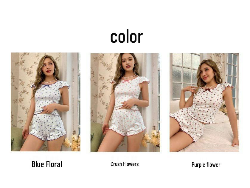 Women's Spring Floral Patchwork Pajama Set - Mushroom Hem Top & Shorts.