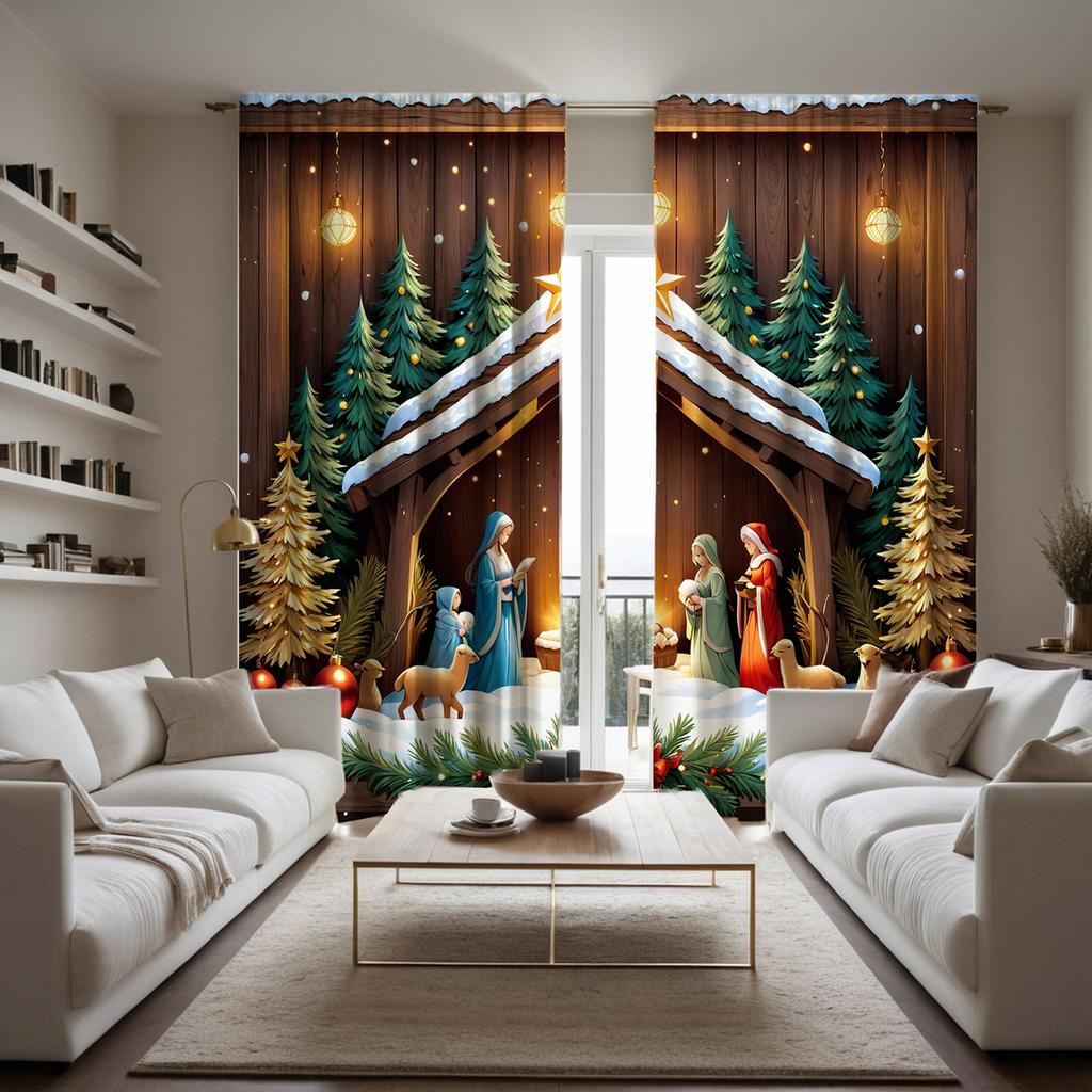 2 Pieces of HD Digital Yellow Curtains Tied Under the Christmas Tree Home Decoration Style Decoration Living Room Bedroom Wear R
