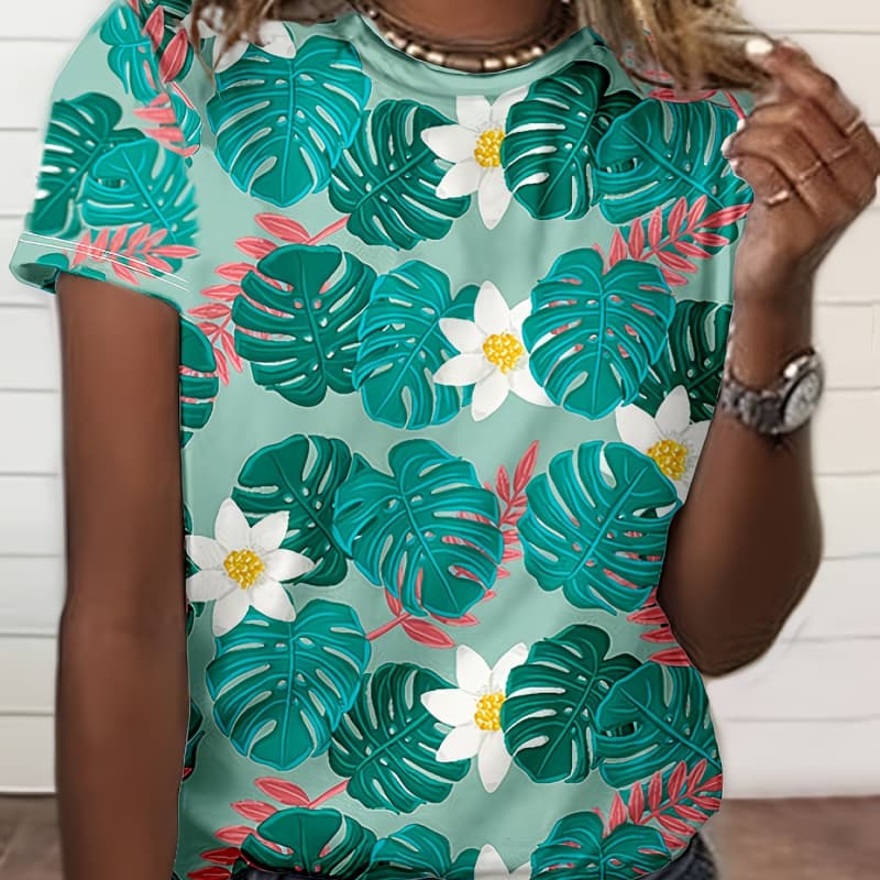 Printed short-sleeved crew neck T-shirt, casual short-sleeved T-shirt, fashionable short-sleeved crew neck top S