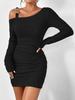 European & American Black Asymmetrical Off-Shoulder Knit Bodycon Dress with Long Sleeves