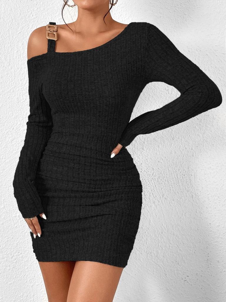 European & American Black Asymmetrical Off-Shoulder Knit Bodycon Dress with Long Sleeves