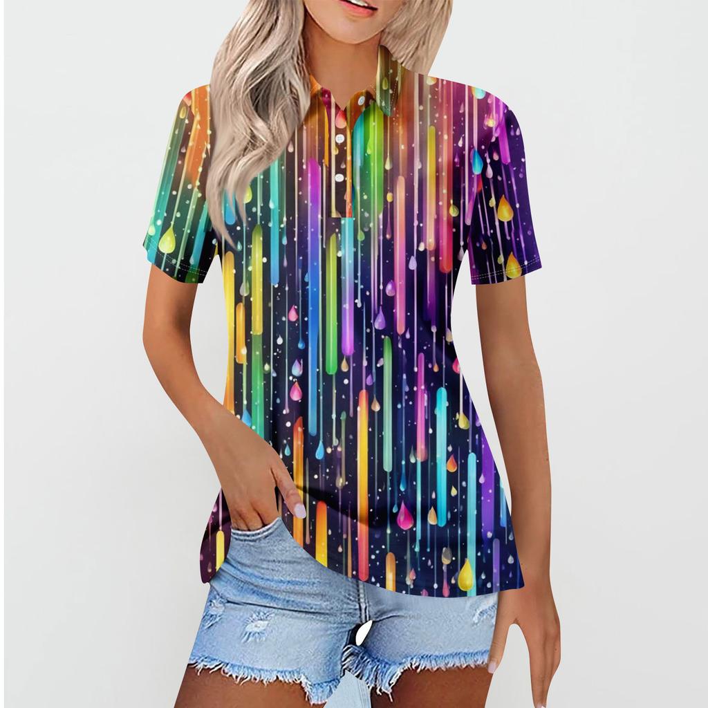 Kvinners uformelle blomstertrykk V-hals kortermet dekorativ knapp T-skjorte topp