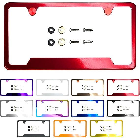 Bottom Corner Cut Out Version License Plate Frame Rose Gold Mirror Chrome Electroplating Universal Fit Aluminum Screw On Cap Cover, T304 Stainless