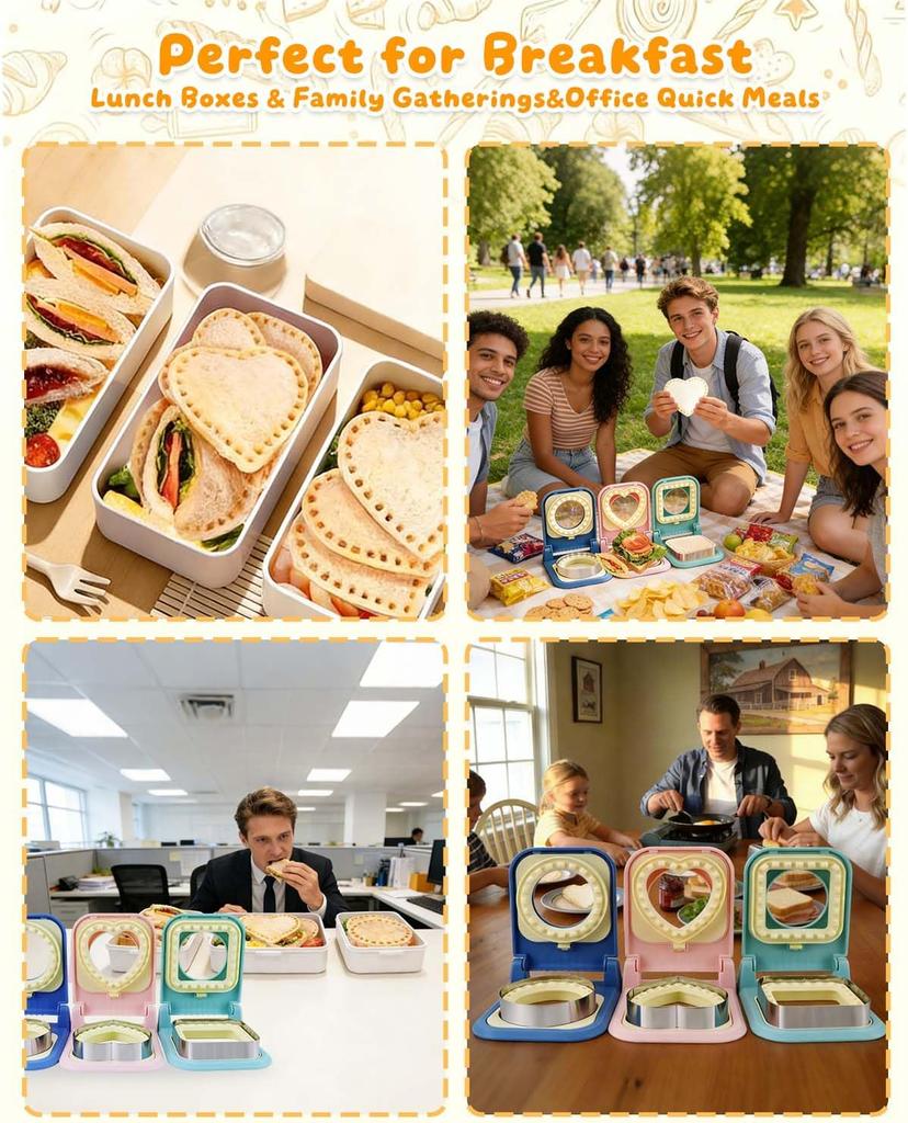 Sandwich Maker - Heart/Circle/Square Sandwich Cutter & Sealer for Kids' Lunch, Breakfast
