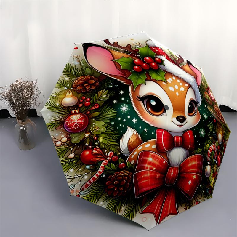 1pc Christmas Plum Deer Automatic Folding Umbrella - 3 Folding Design, Vivid Cartoon Pattern, Suitable for Outdoor Activities, A Gift for Fa