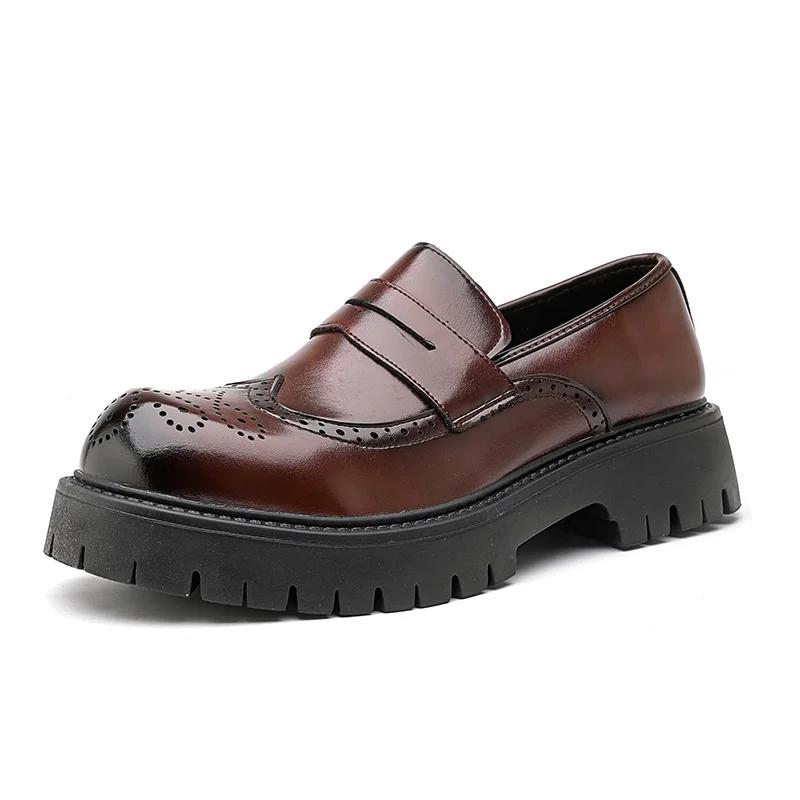 Vintage Brown Men's Brogue Leather Shoes Autumn Round Toe Platform Loafers Man Casual Formal Business Shoes mocasines hombre