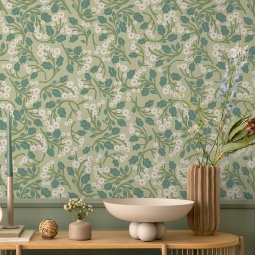 VEELIKE Wallpaper Stickers, Light Green Plant Pattern Botanical Wallpaper, Cutting Sheet, Stick-On Wallpaper for Fusuma Doors, Peel-Off Wallpaper, Sel