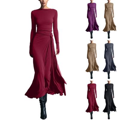 Women's Color Round Neck Long Sleeved Waist Cinched Dress