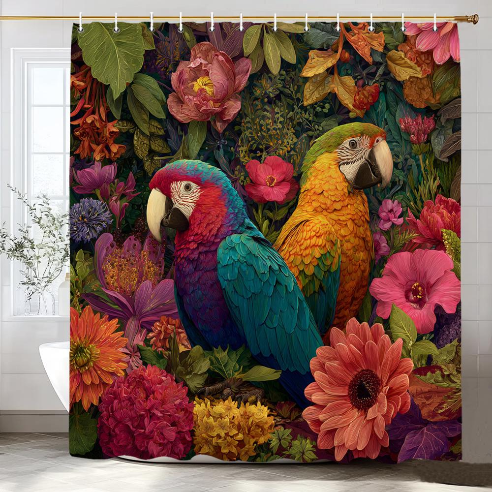 Tropical Plants, Flowers and Birds Shower Curtain, Bathroom Decorative Shower Curtain, Print Polyester Fabric Curtain with Hooks