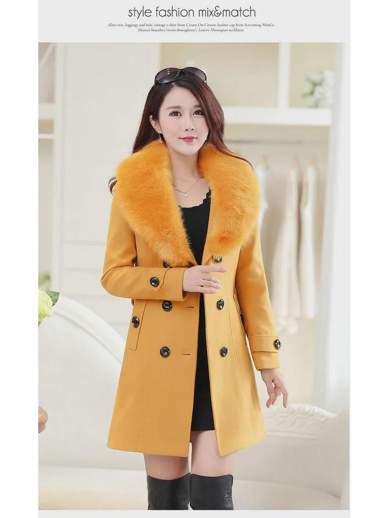 Women's Double-Breasted Wool Coat with Fur Collar