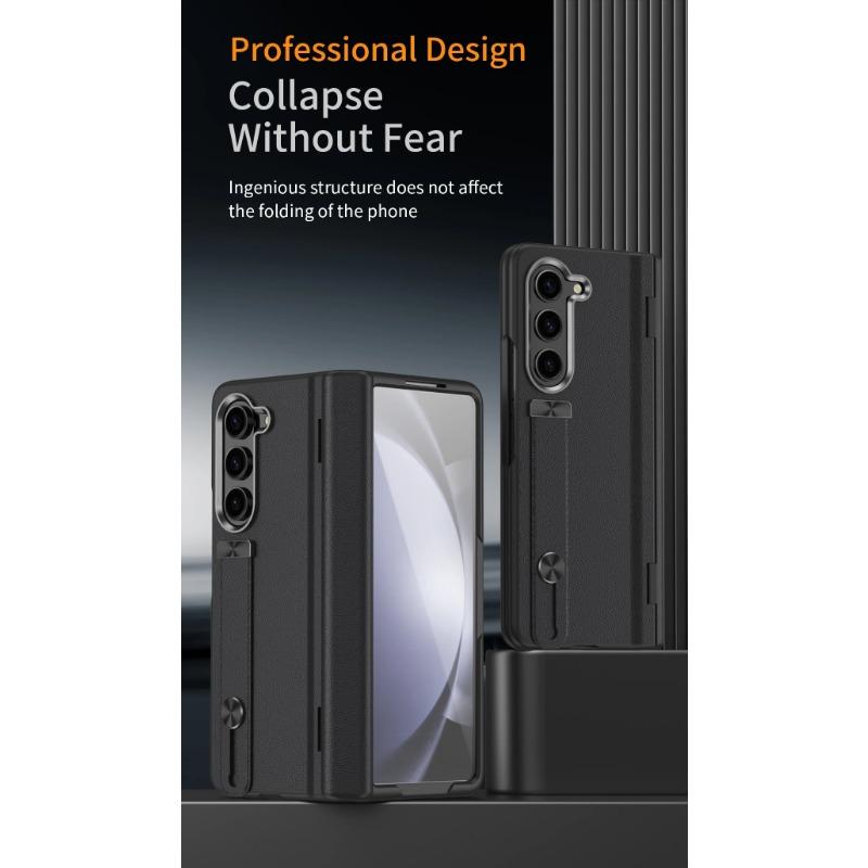 Wriststrap for Samsung Galaxy Z Fold 6 5 4 3 Case Ring Bracket PU Leather Hinge Protective Film Cover Slim Design Finger Ring Buckle