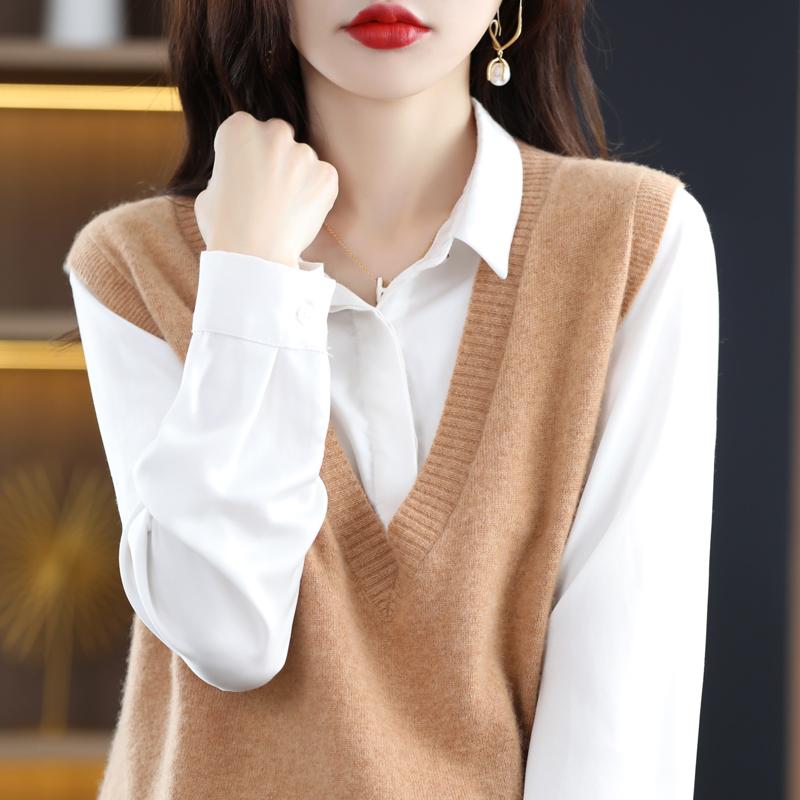 Dámská vesta s výstřihem do V, kašmír Qinghe, 30 % kašmír 70 % vlna, zimní pletený svetr podzimní svetr kašmírový svetr