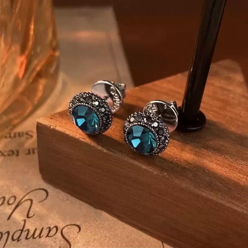 Vintage Elegant Zircon Deep Blue Ear Studs S925 Silver Earrings for Women