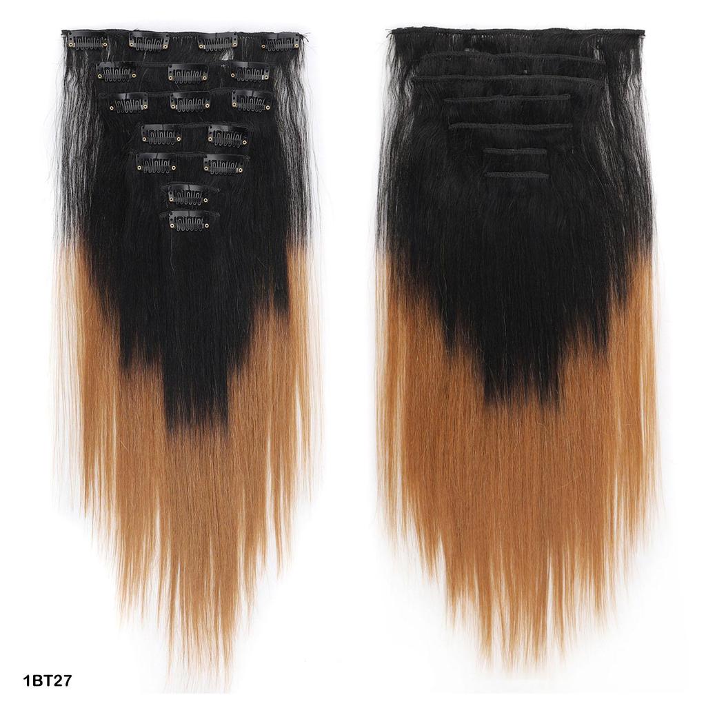 Extensii de Păr cu Clips 7 Bucăți cu 16 Clipsuri Păr Scurt Drept Piese de Păr Culoare Ombre Negru Portocaliu