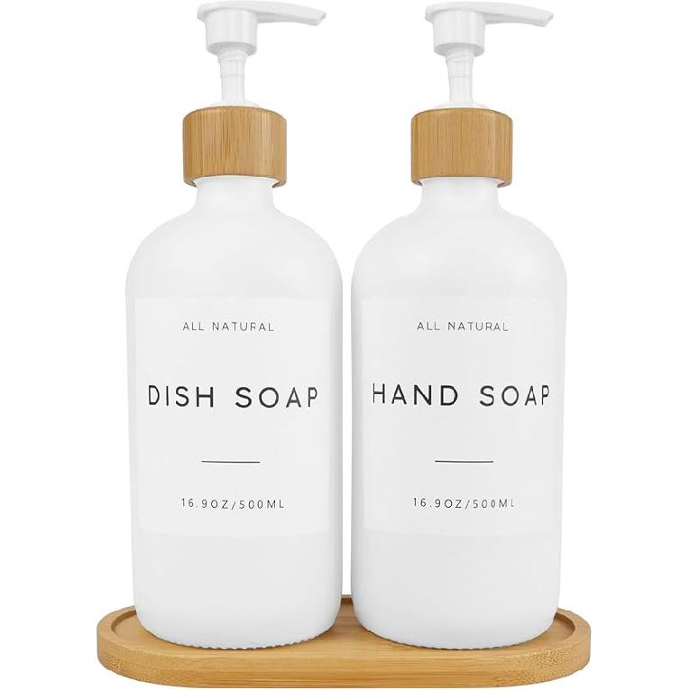 Kitchen Soap Dispenser Set, Thick Glass Dish Soap Dispenser for Kitchen Sink Bathroom Decor, Farmhouse Hand Soap Dispenser with Bamboo Tray, 16 Pcs белый